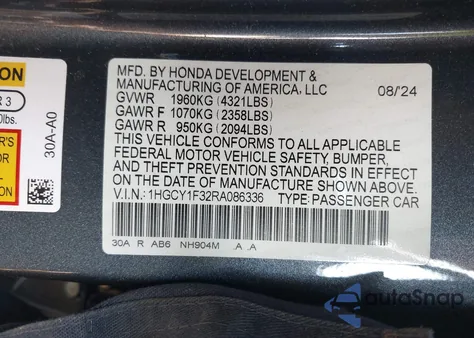 2024 Honda Accord Ex из США, поврежденный, VIN 1HGCY1F32RA086336